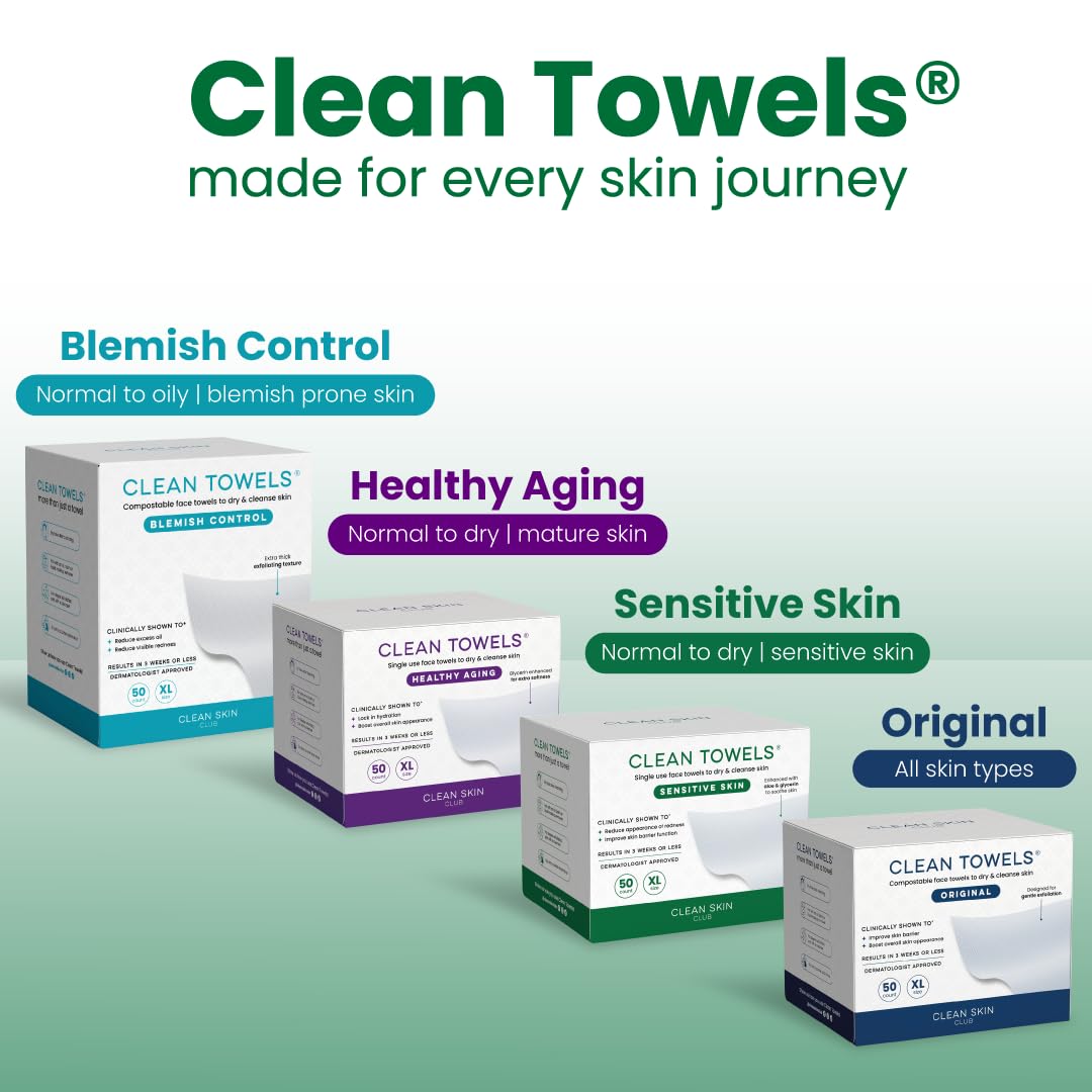 Clean Skin Club Clean Towels XL®, 100% USDA Biobased Face Towel, Disposable Face Towelette, Eczema Association Accepted, Makeup Remover Dry Wipes, Ultra Soft, 50 ct per pack, 4 Packs, 200 Ct Total