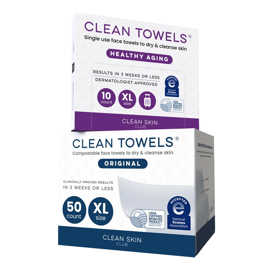 Clean Skin Club Clean Towels XL®, 100% USDA Biobased Face Towel, Disposable Face Towelette, Eczema Association Accepted, Makeup Remover Dry Wipes, Ultra Soft, 50 ct per pack, 4 Packs, 200 Ct Total