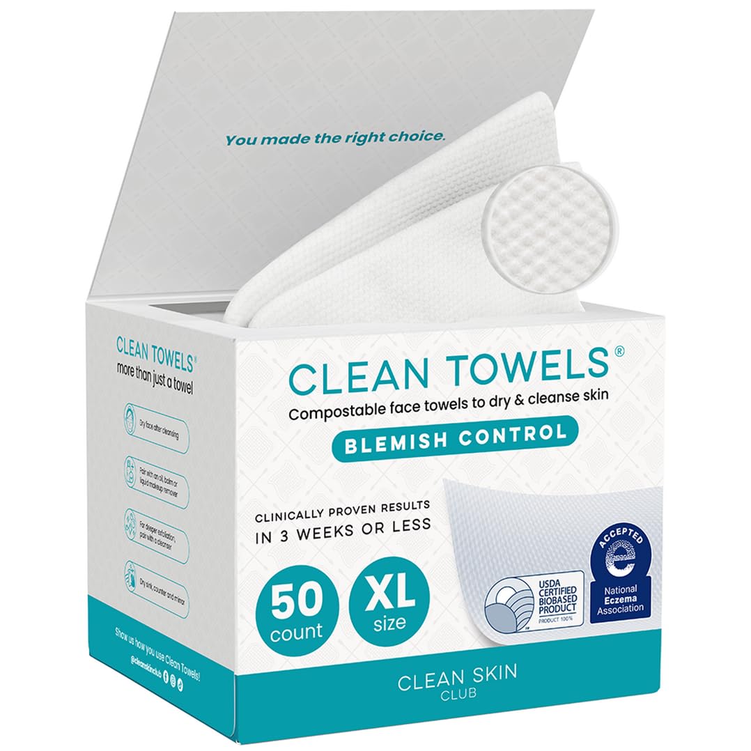 Clean Skin Club Clean Towels XL®, 100% USDA Biobased Face Towel, Disposable Face Towelette, Eczema Association Accepted, Makeup Remover Dry Wipes, Ultra Soft, 50 ct per pack, 4 Packs, 200 Ct Total