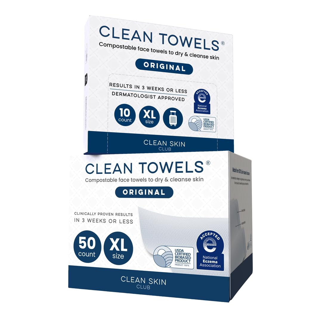 Clean Skin Club Clean Towels XL®, 100% USDA Biobased Face Towel, Disposable Face Towelette, Eczema Association Accepted, Makeup Remover Dry Wipes, Ultra Soft, 50 ct per pack, 4 Packs, 200 Ct Total