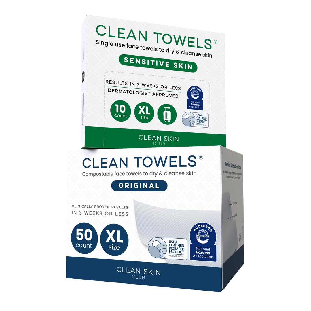 Clean Skin Club Clean Towels XL®, 100% USDA Biobased Face Towel, Disposable Face Towelette, Eczema Association Accepted, Makeup Remover Dry Wipes, Ultra Soft, 50 ct per pack, 4 Packs, 200 Ct Total