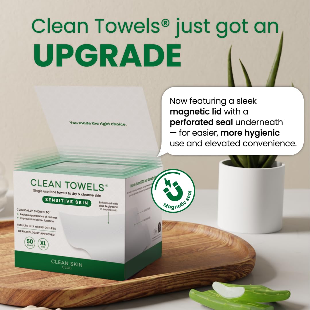 Clean Skin Club Clean Towels XL®, 100% USDA Biobased Face Towel, Disposable Face Towelette, Eczema Association Accepted, Makeup Remover Dry Wipes, Ultra Soft, 50 ct per pack, 4 Packs, 200 Ct Total