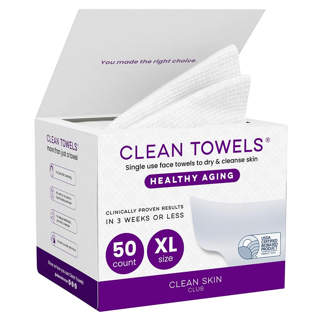 Clean Skin Club Clean Towels XL®, 100% USDA Biobased Face Towel, Disposable Face Towelette, Eczema Association Accepted, Makeup Remover Dry Wipes, Ultra Soft, 50 ct per pack, 4 Packs, 200 Ct Total