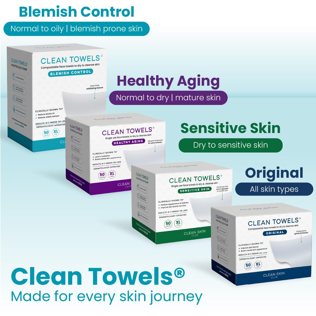 Clean Skin Club Clean Towels XL®, 100% USDA Biobased Face Towel, Disposable Face Towelette, Eczema Association Accepted, Makeup Remover Dry Wipes, Ultra Soft, 50 ct per pack, 4 Packs, 200 Ct Total