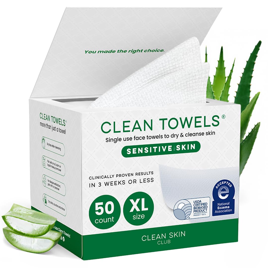 Clean Skin Club Clean Towels XL®, 100% USDA Biobased Face Towel, Disposable Face Towelette, Eczema Association Accepted, Makeup Remover Dry Wipes, Ultra Soft, 50 ct per pack, 4 Packs, 200 Ct Total