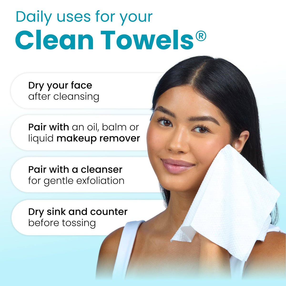 Clean Skin Club Clean Towels XL®, 100% USDA Biobased Face Towel, Disposable Face Towelette, Eczema Association Accepted, Makeup Remover Dry Wipes, Ultra Soft, 50 ct per pack, 4 Packs, 200 Ct Total